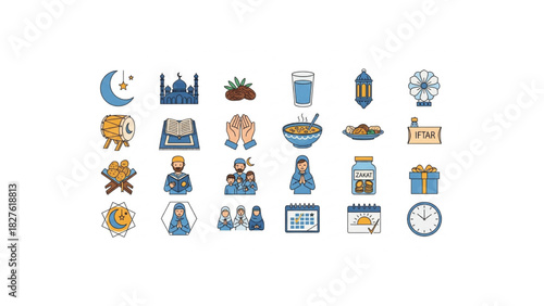 ramadan muslim icons set – fasting, prayer, food, mosque, lanterns 