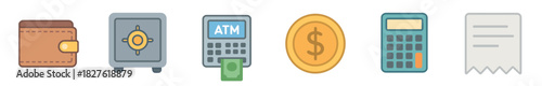Set of colorful finance and money icons including a wallet, safe, ATM, coin, calculator, and receipt in a flat vector style isolated on a white background