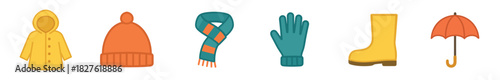 Set of colorful autumn weather clothing items including a raincoat, hat, scarf, glove, boot, and umbrella in a flat vector illustration style isolated on a white background