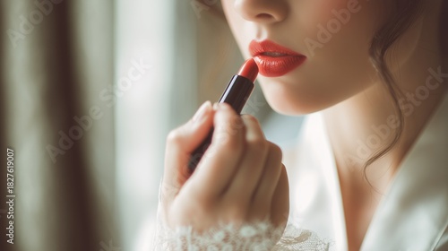 Elegant woman applies vibrant red lipstick, perfecting her look for a special occasion with a touch of classic beauty and confident style