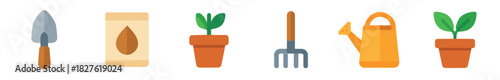 Set of colorful flat gardening icons showing a trowel, seed packet, potted plant, garden fork, and watering can isolated on a white background