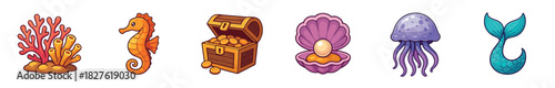 Set of colorful underwater cartoon vector icons including coral, seahorse, treasure chest, pearl, jellyfish, and mermaid tail, isolated on a white background for design elements
