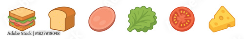 Set of cartoon sandwich ingredients and food icons including bread, ham, lettuce, tomato, and cheese in a flat vector illustration style isolated on a white background