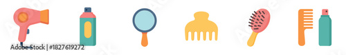 Colorful hair care and beauty accessory icons featuring a dryer, brush, comb, mirror, and styling spray in a minimalist flat vector illustration style, isolated on white