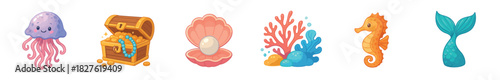Set of cute cartoon underwater sea elements featuring a jellyfish, treasure chest, pearl, coral, seahorse, and mermaid tail, in a whimsical style for children, isolated on white