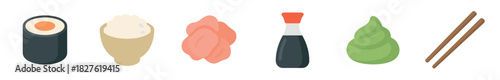 Set of Japanese food icons including sushi, rice, ginger, soy sauce, wasabi, and chopsticks in a flat vector style isolated on a clean white background