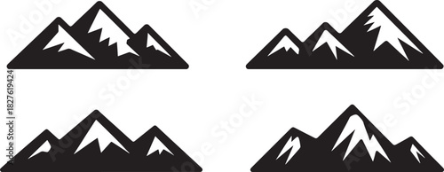 Four Black Silhouette Mountain Range Icons With Jagged Peaks On White mountains