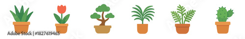 Collection of various indoor potted plants including a cactus, succulent, tulip, fern, and bonsai tree, presented in a simple flat vector illustration style isolated on white