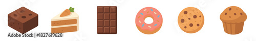 Set of sweet dessert food icons including brownie, carrot cake, chocolate bar, donut, cookie, and muffin in a flat vector illustration style isolated on a white background