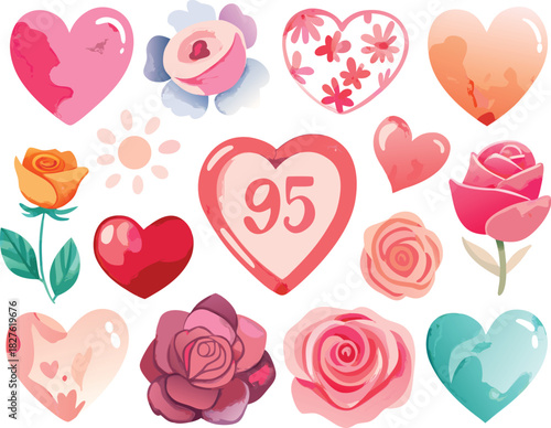 Vector watercolor valentine hearts and roses illustration for romantic designs scalable eps