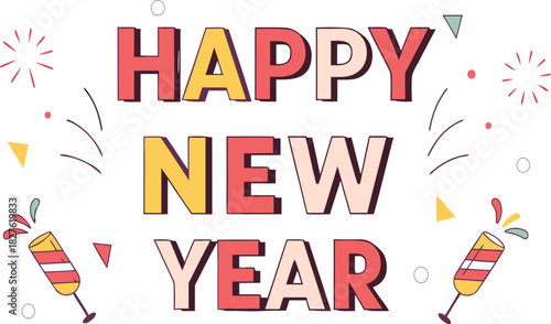 Happy new year text with fireworks and confetti