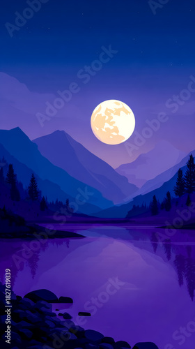 Large moon rising above narrow mountain inlet at night. Calm moonlit valley.