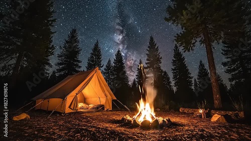 Cozy Night Camping Under the Milky Way with a Warm Campfire and Illuminated Tent in a Pine Forest