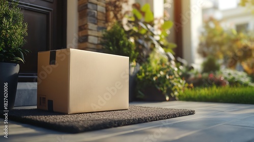 Brown cardboard box on doormat near front door surrounded by plants and sunlight in residential area