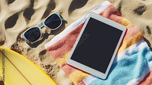 Relaxing beach scene with tablet, sunglasses, and colorful towel on sandy shore ready for vacation enjoyment