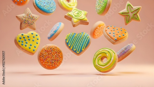 A warm light pink background with colorful cookies falling from above, creating a playful and sweet atmosphere