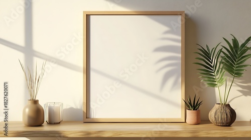 Bright and Minimalist Interior Scene with Blank Frame, Plants, and Natural Light Effects for Artistic Inspiration