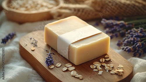Handcrafted soap bar with natural ingredients surrounded by lavender flowers and oats on rustic wooden board