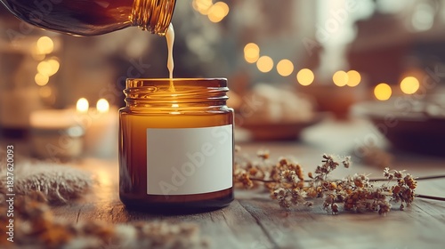 Warm Glass Jar with Essential Oil Pouring into it Surrounded by Blossoms and Soft Lighting for Relaxation Atmosphere