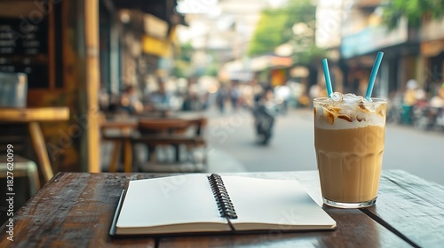 Cozy Coffee Shop Scene with Iced Coffee and Blank Notebook on Wooden Table in Bustling Street Atmosphere