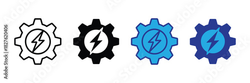 Set of four gear icons with lightning bolt symbol inside, representing energy, power, industry, and mechanics, isolated on white.