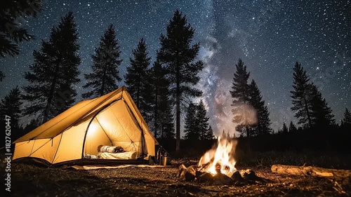 Peaceful Night Camping Scene with Warmly Lit Tent and Crackling Campfire Under a Breathtaking Starry Sky and Milky Way in a Pine Forest