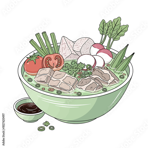 Hand drawn illustration of indonesian bakso meatball soup in a bowl