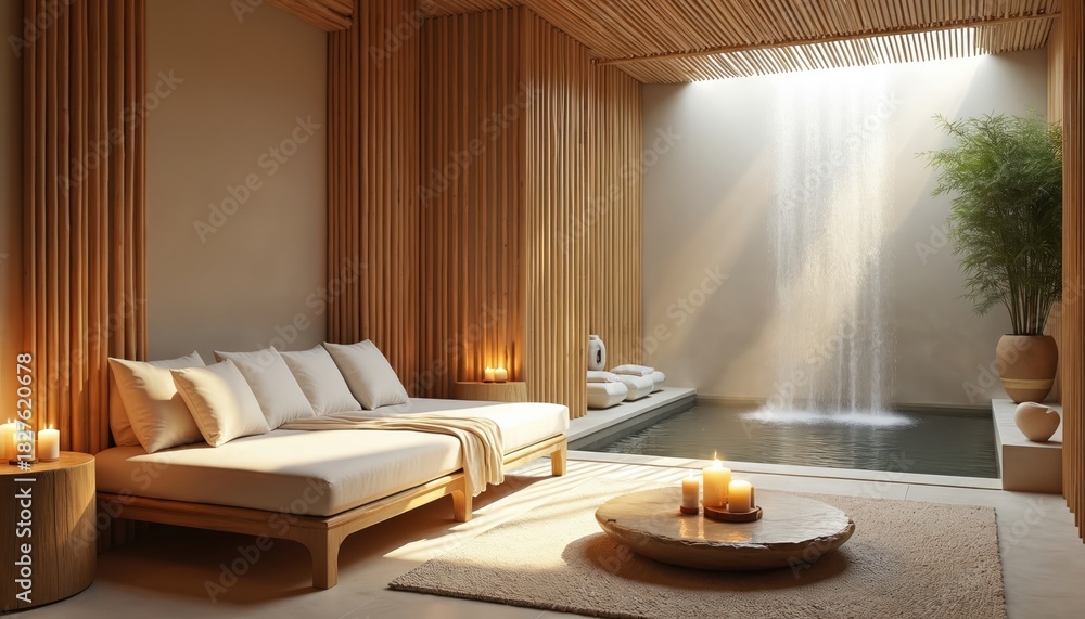 Fototapeta premium Interior of spa resort with bed candles and waterfall. Relaxation area for wellness. Modern interior design of luxurious comfortable spa room. Zen style decor for massage and therapy.