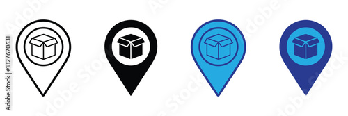 Set of four map pin icons with open cardboard box inside, representing delivery location, shipping destination, package tracking, and logistics points