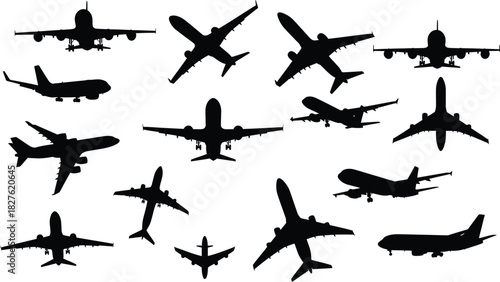 Collection of airplane silhouettes in various poses on white background