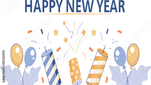 Happy new year celebration with balloons and confetti