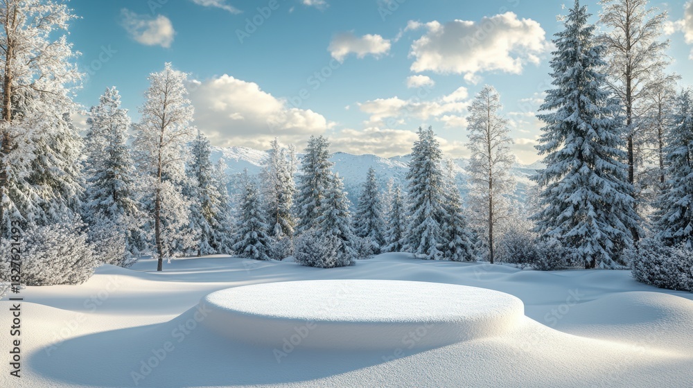 Fototapeta premium Christmas tree with white snowdrift,snowflakes,snow land,podium with bauble,Christmas theme stage podium mock up for product placement,Happy New Year. Celebrate party,Xmas Poster,web banner,festive.