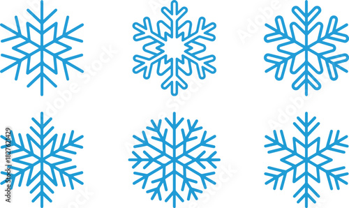 Set of 6 Blue Geometric Snowflake Line Art Icons. Minimalist Winter and Christmas Vector decoration elements isolated on white background