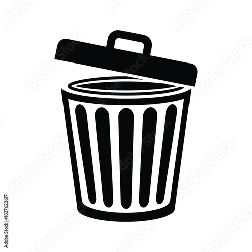 Black trash can icon with an open lid, symbolizing waste, delete, or recycling, isolated on