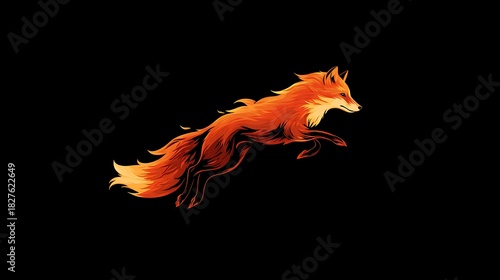 Energetic Orange Fox with Flame-like Fur Leaping on Photo Black animal creature
