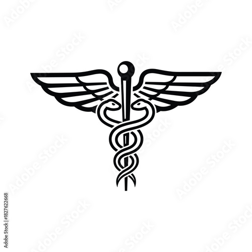 Caduceus symbol, a traditional emblem of medicine and healthcare, in black and white, isolated on