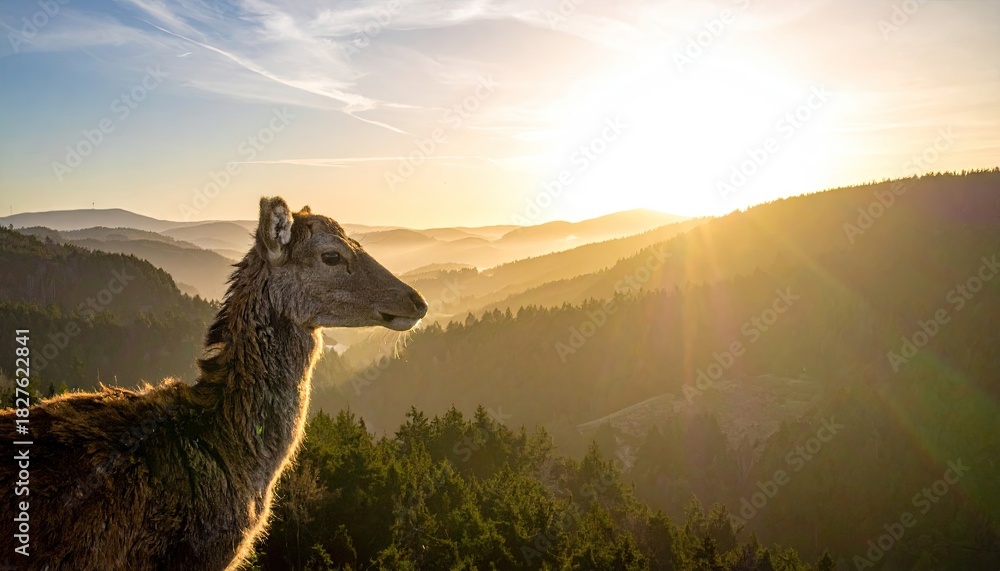 Obraz premium Golden Hour Shot of Llama Silhouette in Mountainous Landscape with Sun Flare and Clear Sky
