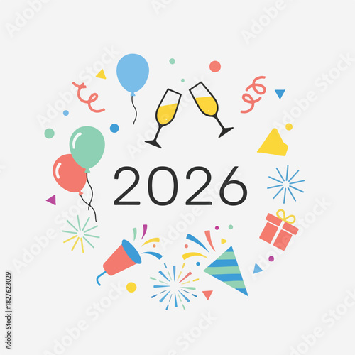 Colorful graphic illustration of New Year's Eve celebration with balloons, champagne glasses, and confetti on a white background.