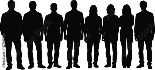 Diverse group of people standing together in silhouette against white background