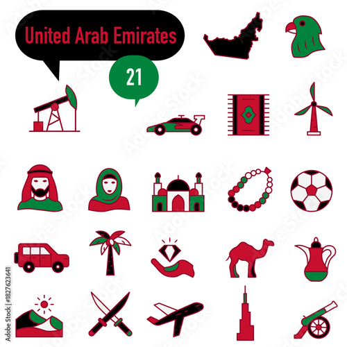A set of icons in red and green colors dedicated to life in the United Arab Emirates.