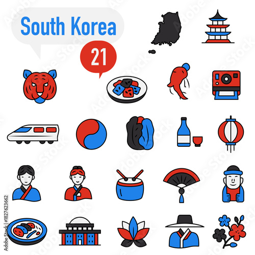 A set of flat colored icons dedicated to life in South Korea.