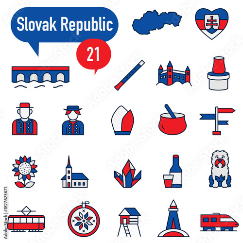 A set of flat colored icons with outlines dedicated to life in the Slovak Republic.