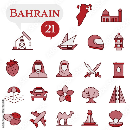 Outline icons of Bahrain about culture, architecture, and Arab heritage.