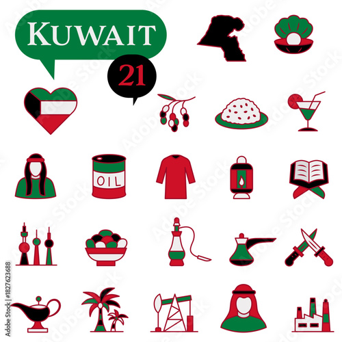 Outlined icons of Kuwait about culture, architecture, and Arab heritage.