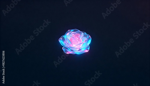 Fototapeta Naklejka Na Ścianę i Meble -  Minimalist 3D Render of a Glowing Holographic Rose Floating in Dark Empty Space