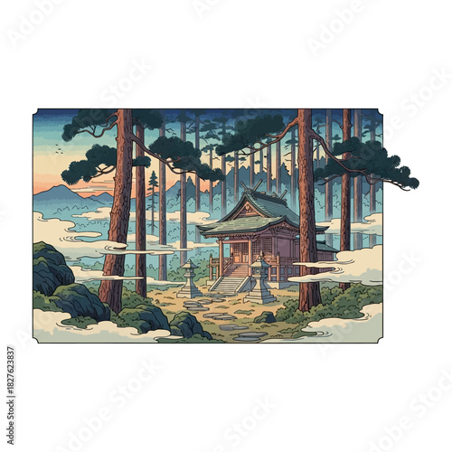 Pixel art of a serene japanese shrine nestled high in a misty forest