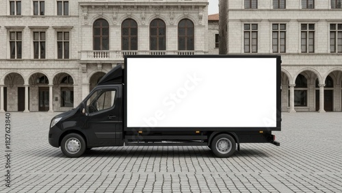 Black delivery truck with blank billboard on cobblestone plaza.