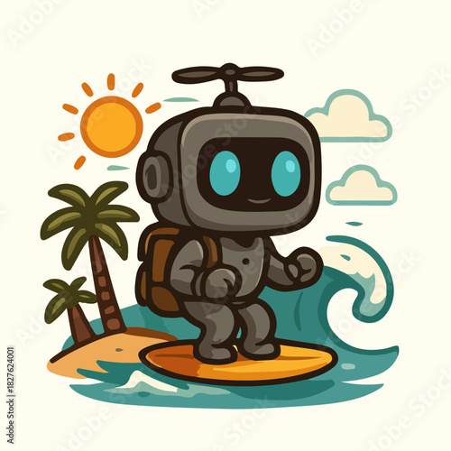 Tropical Island Travel Robot Sitting on Luggage with Propeller Hat Cartoon Illustration