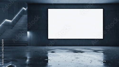 Modern interior with blank screen and staircase, wet floor reflecting light.