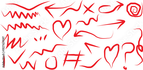 Red hand-drawn doodle arrow symbol set